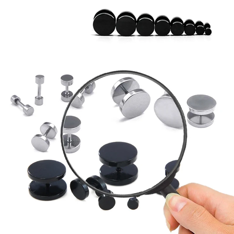 One Pair Black Stainless Steel Round Stud Earrings For Women Dumbbell Piercing Earrings Men Punk Fashion Jewelry 2-14mm