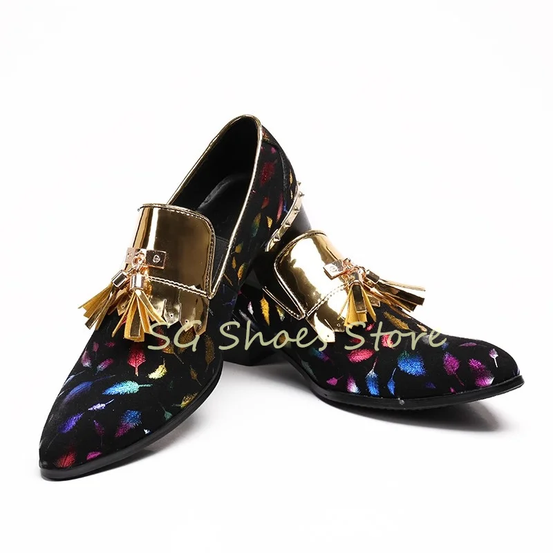 Golden Tassel Decor Pointed Toe Shallow Leather Shoes Male Formal Dress Shoes Colorful Feather Prints Rivet Heel Loafers for Men