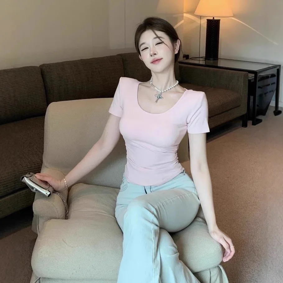 

Sweet Sle Lace Splice Bal ort Sve T-irt Women's Slim Fit Inteated Pad Cotton Summer New Arrival Fem Faion