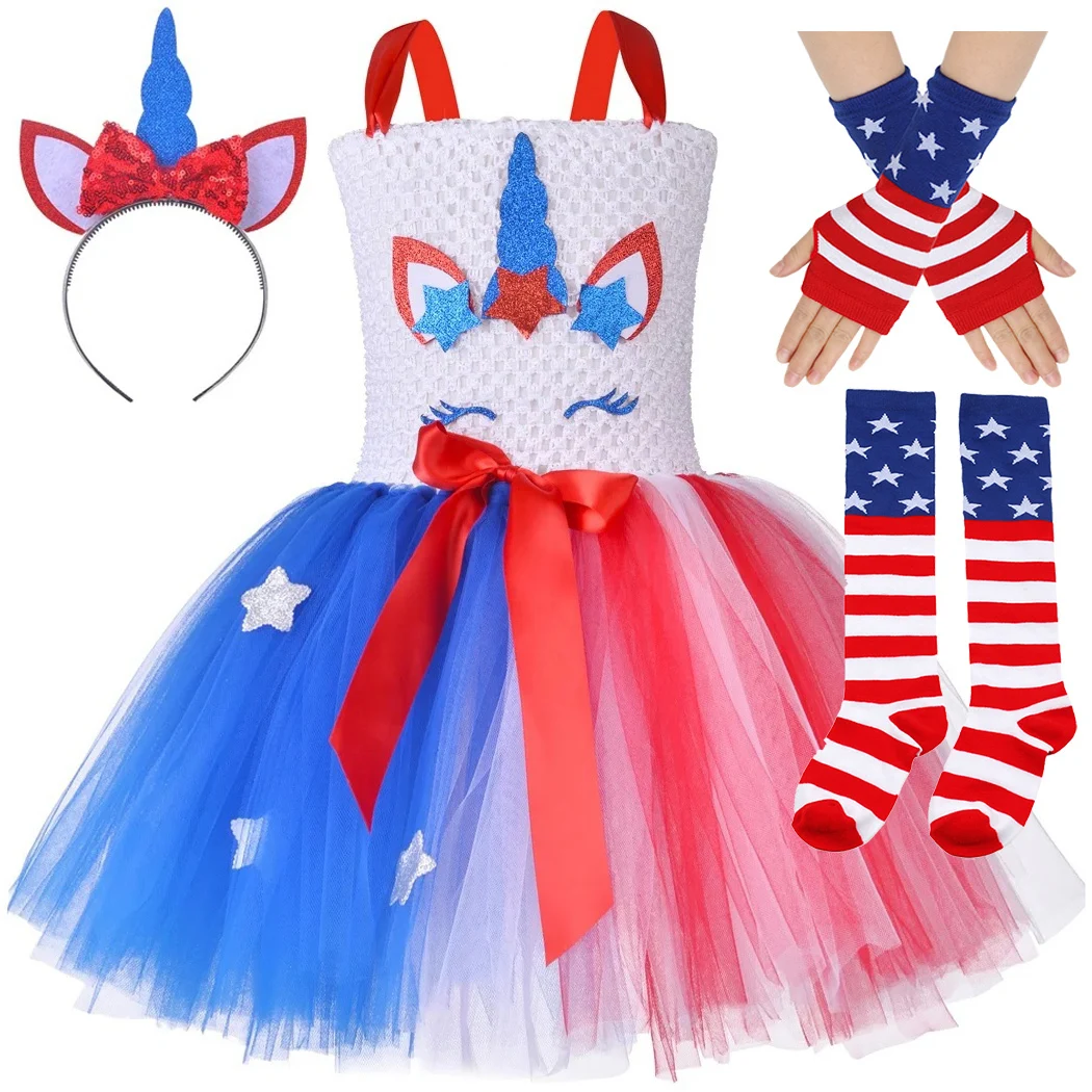 

Платья с единорогом и флагом США для девочек, костюмы ко Дню независимости для детей, одежда на день американского флага, детский карнавальный наряд для вечеринки