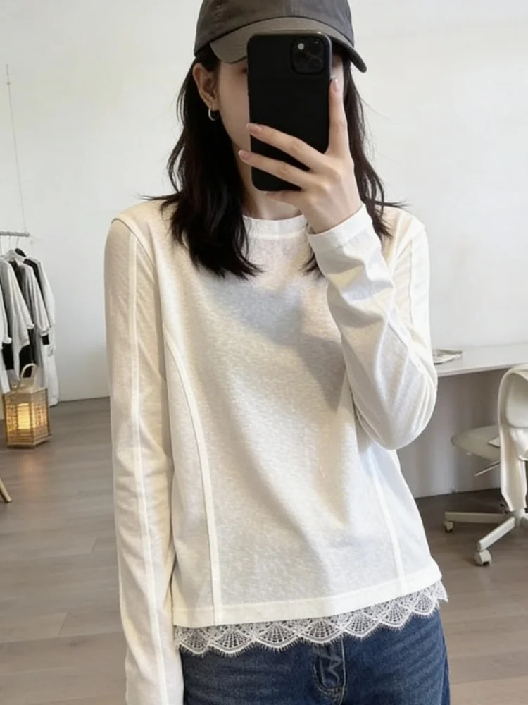 Lace Splicing Snowflake Cotton Long Sleeve Women's T-shirt Simple Inner Wear Base Shirt Top for Autumn Commute Soft Comfortable