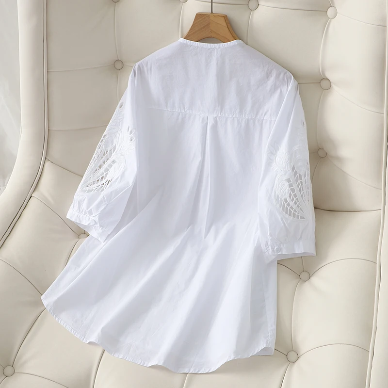 Women Summer Hollow Out Lantern Sleeve O-Neck Single Breasted Casual Loose Cotton Shirt Blouse Tops