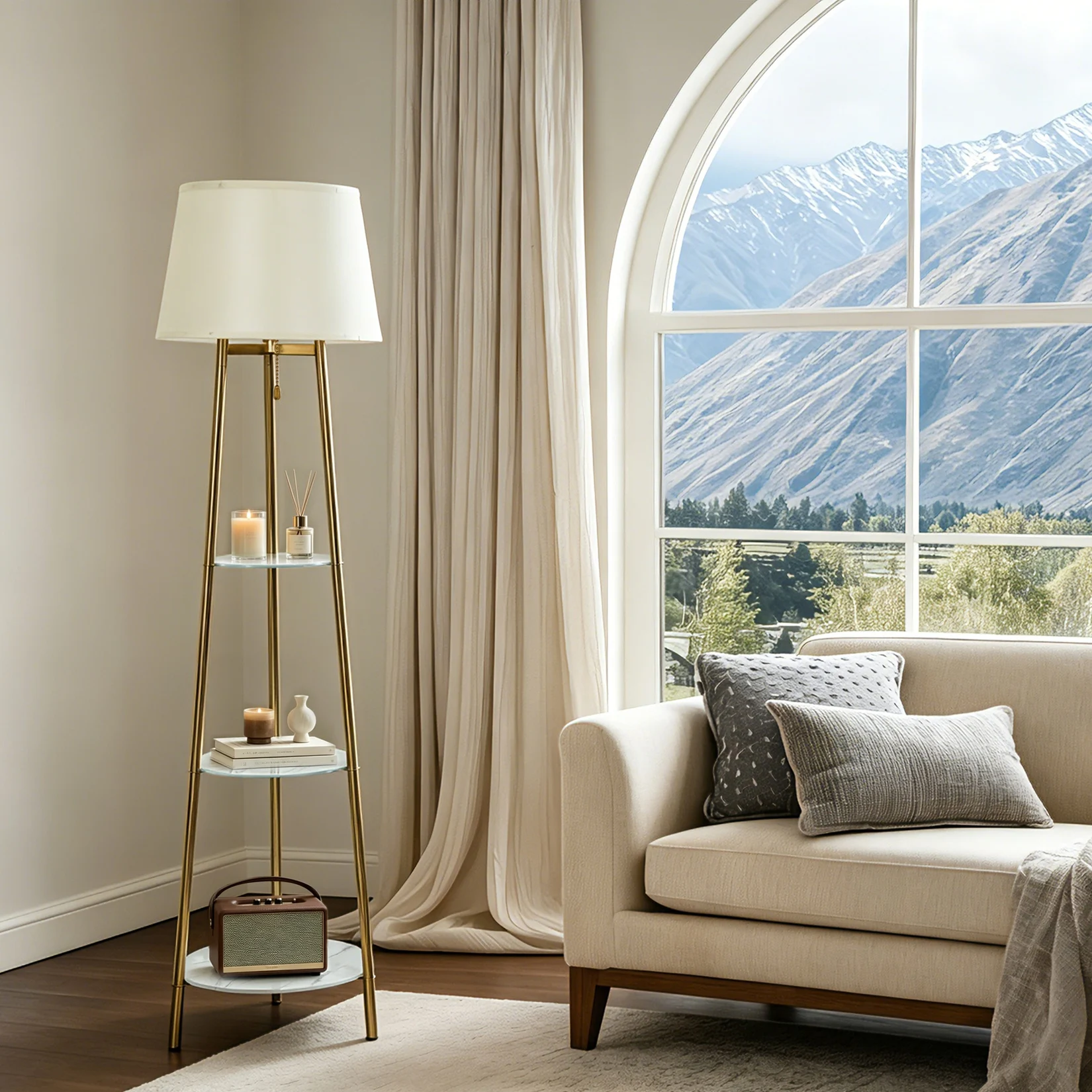 Modern Corner Display Column Bookshelf Lamp, Upgraded Version of Dimmable High Vertical Floor Lamp with Linen Lampshade, LED Bulb, Suitable for Living Room and Reading Room, Bedroom, Office and Nursery, White Marble and Golden Pillars