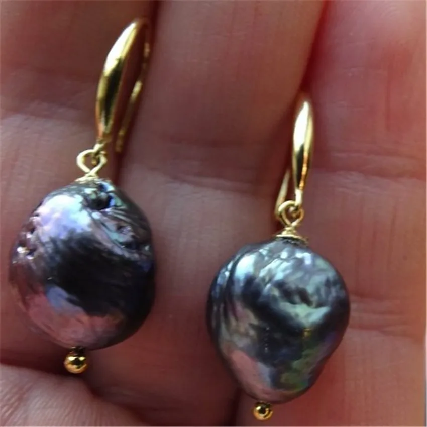 Freshwater Black Baroque Pearl Earrings 18k hook Stud Gemstone Drop Wedding  Clip-on Teens Earbob