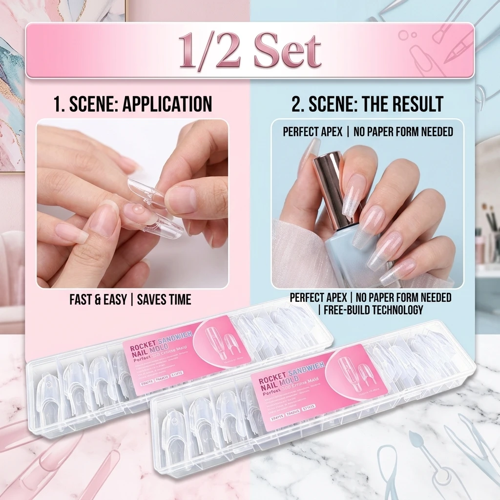 1/2Set 120pcs Nail Clear Rocket Shape Sandwich Dual Nail Forms Reusable Full Cover Dual Nail Molds Top & Bottom Extend Nails