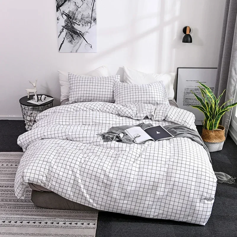 Soft and Cozy Simple Plaid Pattern Sanding Bedding Set for Queen Single, Double, King Size Beds - Includes Duvet Cover and Pillo