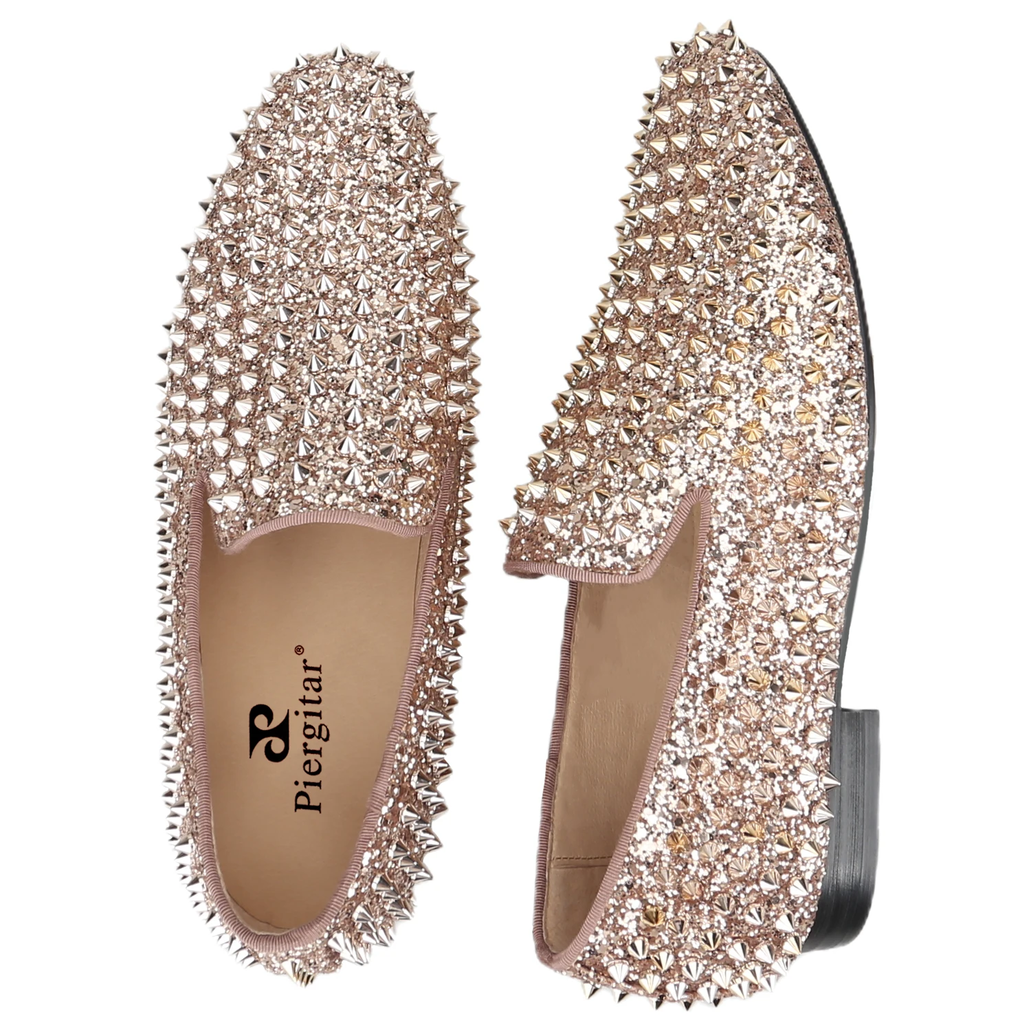 Piegitar New Rose Gold Color Glitter Material Men's Loafers Handmade Spikes  Slip-On Moccasins Red Bottom For Party And Wedding - AliExpress 322