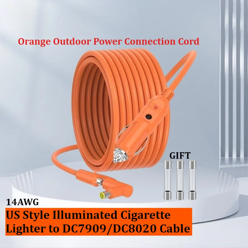 14AWG US Style Car Cigarette Lighter Plug to DC7909 DC8020 Power Cable Orange Outdoor Portable Energy Storage Connection Wire