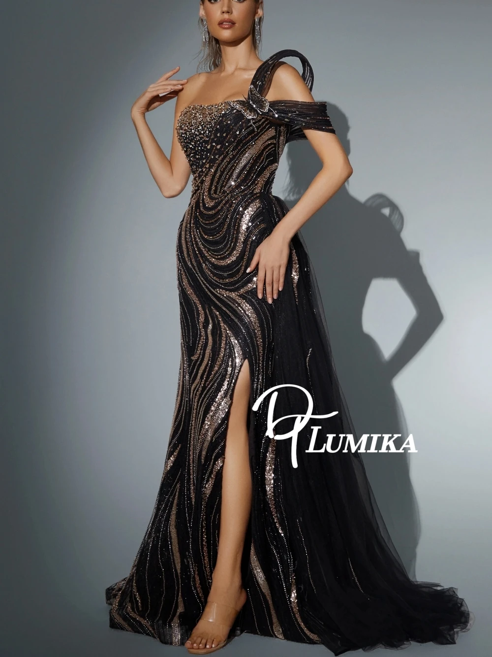 

Fashion Unique One-shoulder Evening Gown Black Gold Sequin Mermaid Prom Dress Sexy High Slit Formal Party Wedding Guest Wear