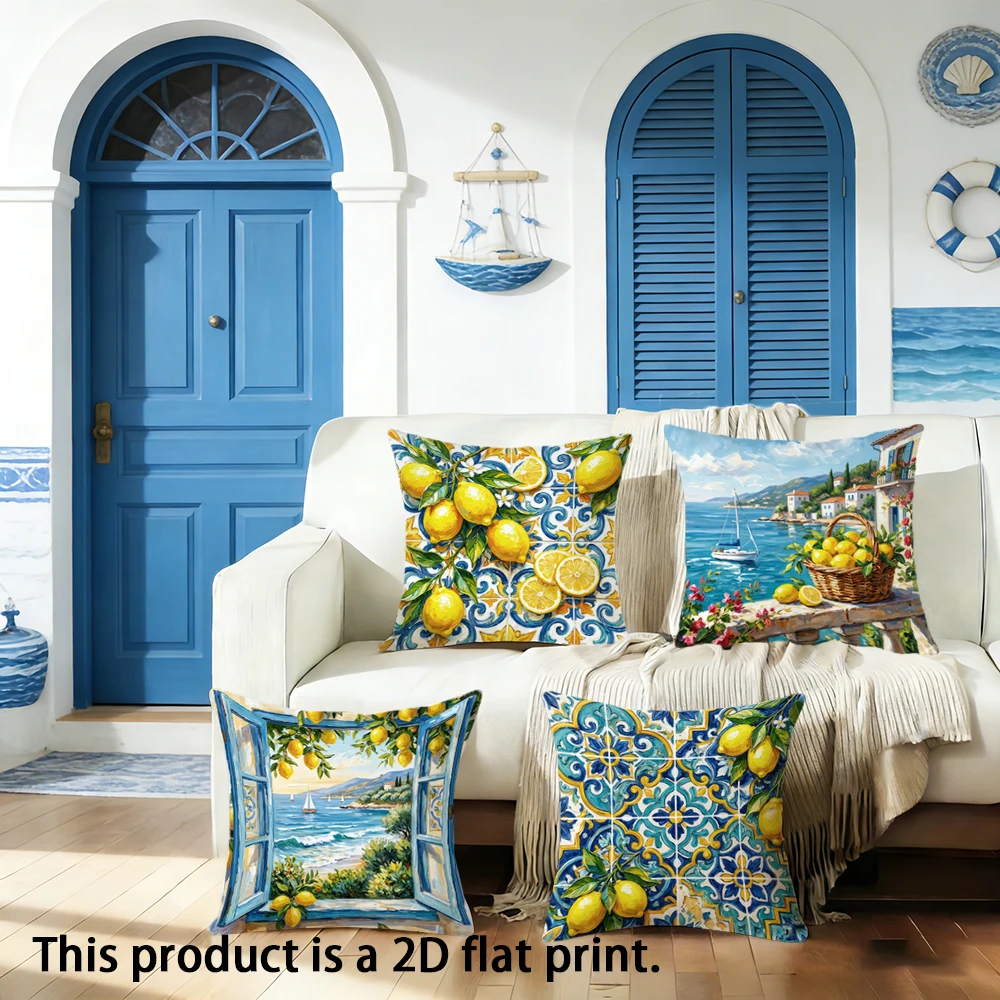 1pc Summer Coastal Lemon Throw Pillow Covers, Mediterranean Style Decorative Cushion Cases for Home Sofa Bedroom Living Room