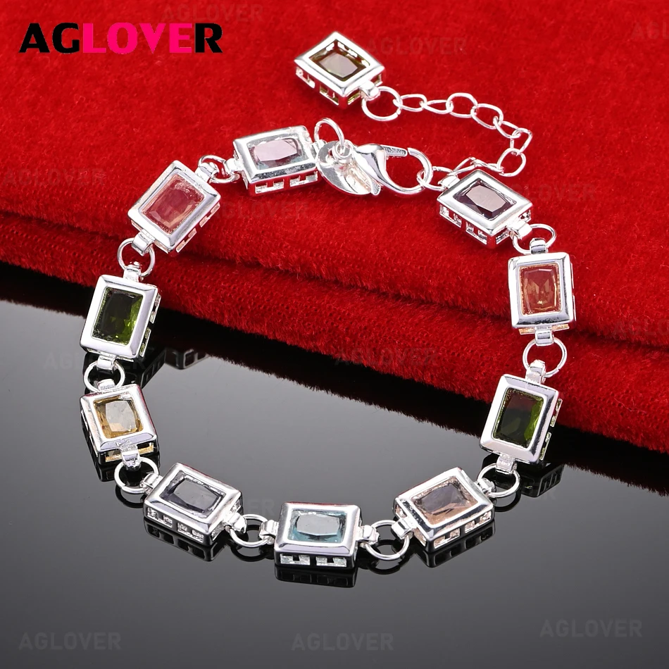 

AGLOVER 925 Sterling Silver Cube Inlaid Multi-Colored Zircon Bracelet Cute Charming Woman Birthday Gift Jewelry