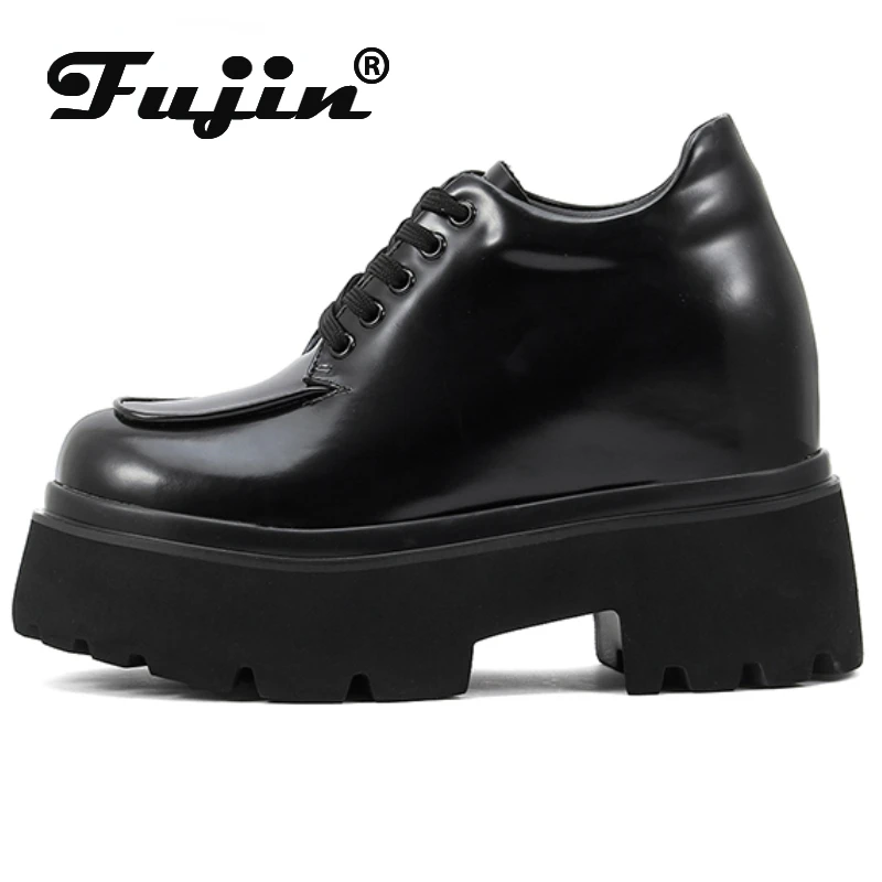 Fujin 14cm 12cm 10cm Patent Leather Platform Wedge Sneakers Pumps Spring Women High Heels Fashion Mary Jane Autumn Retro Shoes