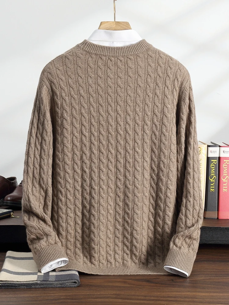 TLOML New Men's 100% Cashmere Sweater O-neck Cable Knit Pullover Autumn Winter Soft Warm Cashmere Knitwear Smart Casual Tops