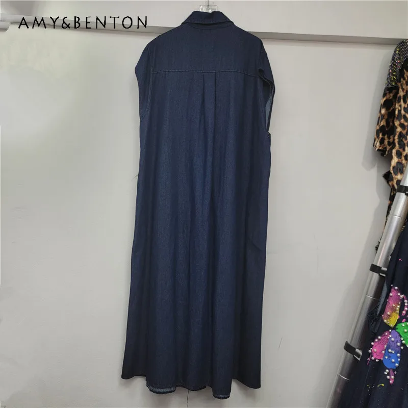 

Denim Dress Loose A-line Long Vestidos 2025 Autumn New Heavy Embroidery Butterfly Turn-down Collar Single-breasted Dresses Women