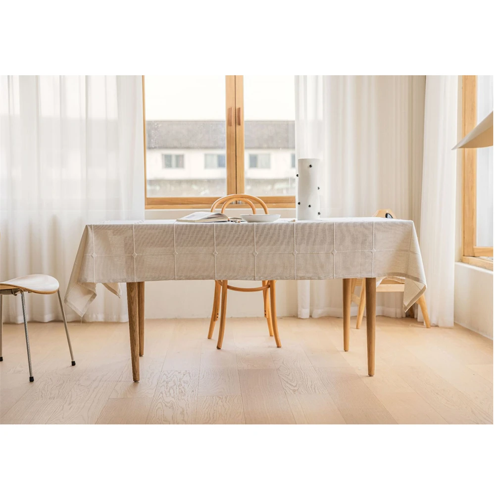 White Large Rectangle Embroidery Solid Tablecloth Cotton Linen Blend Dust-Proof Table Cover for Kitchen Dinning Tabletop Decor