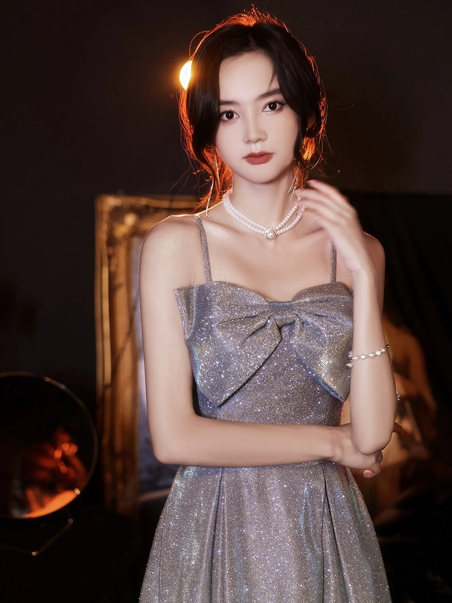 Shiny Starry Sky Blue Spaghetti Straps Prom Dress Bow Tie Off Shoulder Long Dress 2023 New Suspender Formal Party Gowns