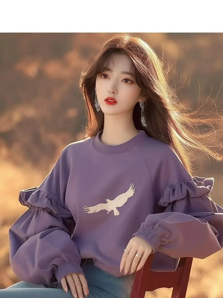 여성 인쇄 운동복 긴 프릴 슬리브 보라색 느슨한 풀오버 가을 새로운 패션 캐주얼상의