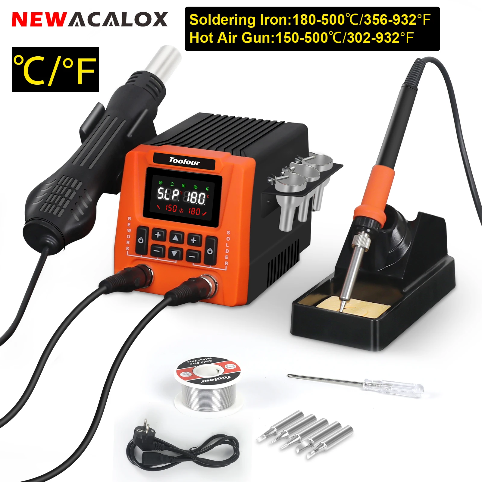 

2 IN 1 Digital Display Soldering Station Kit with °C/ºF Conversion, 5 Soldering Tips, 3 Hot Air Nozzles for Rework, Desoldering