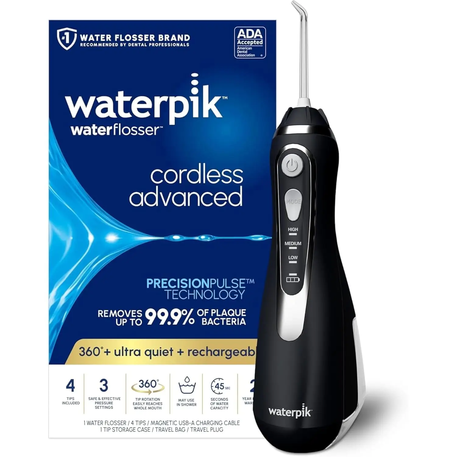 

Cordless Water Flosser for Teeth, Gums, Braces with Travel Bag, 4 Tips, ADA Accepted, Rechargeable & Waterproof