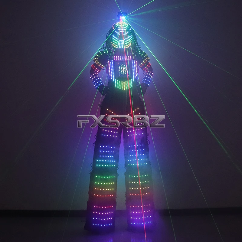 Voll farbe Pixel LED Roboter Anzug Kostüm Traje LED Anzug Kleid Kleidung Stelzen Leucht jacke Laser handschuhe Raubtier beleuchtet Helm