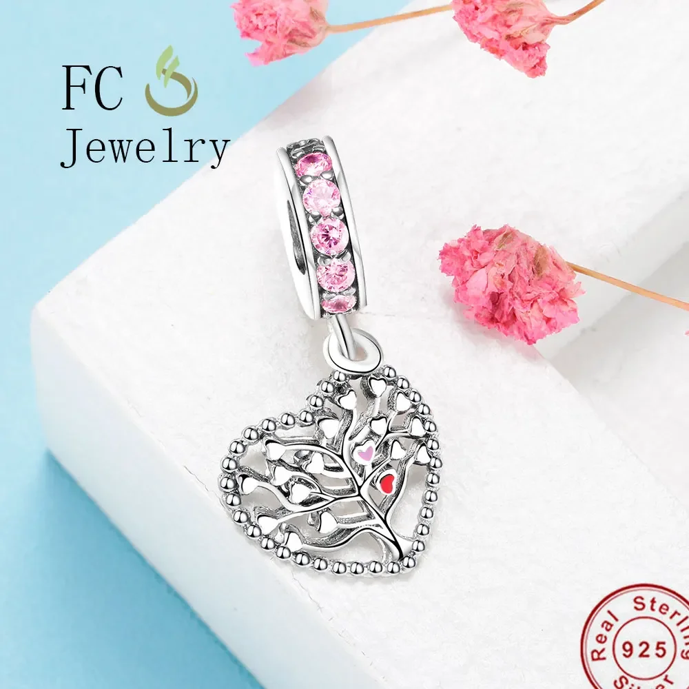 FC Jewelry Fit Original Brand Charms Bracelets 925 Sterling Silver Pink Zircon Tree of Life Beads Necklace Pendant Kralen Gifts