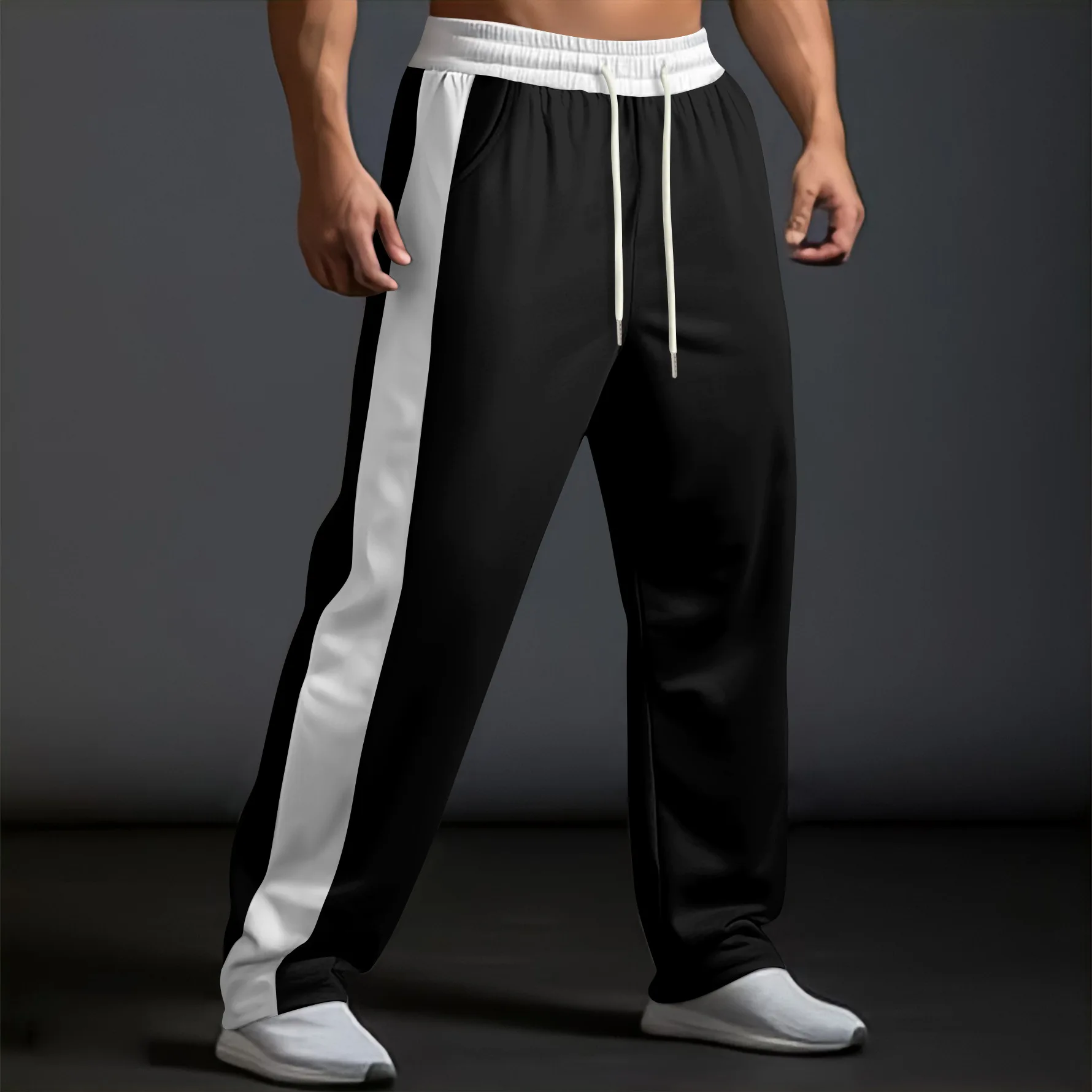 

2025 New Men Straight Pants Drawstring Full Length Pant Casual Pants Loose Spring Spliced Pockets Sports Patchwork High Street