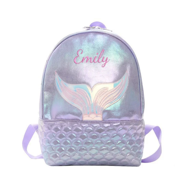 Sac à dos classique ombré brodé personnalisé, queue de sirène et écailles de poisson, fermeture éclair brodée, PU Preppy, sacs cadeaux pour la journée des enfants