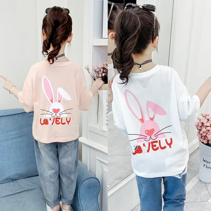 2024 Korea Summer Children Short Sleeve Tops Teenager Girl Clothes Elementary Girl Cotton Sweatshirt Junior Girl O-Neck T-Shirt