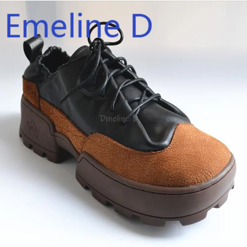 

Men's Sponge Cake Thick Soled Shoes Lace Up One Foot High Casual Leather Shoes with Patchwork Personality Retro Flat Shoes