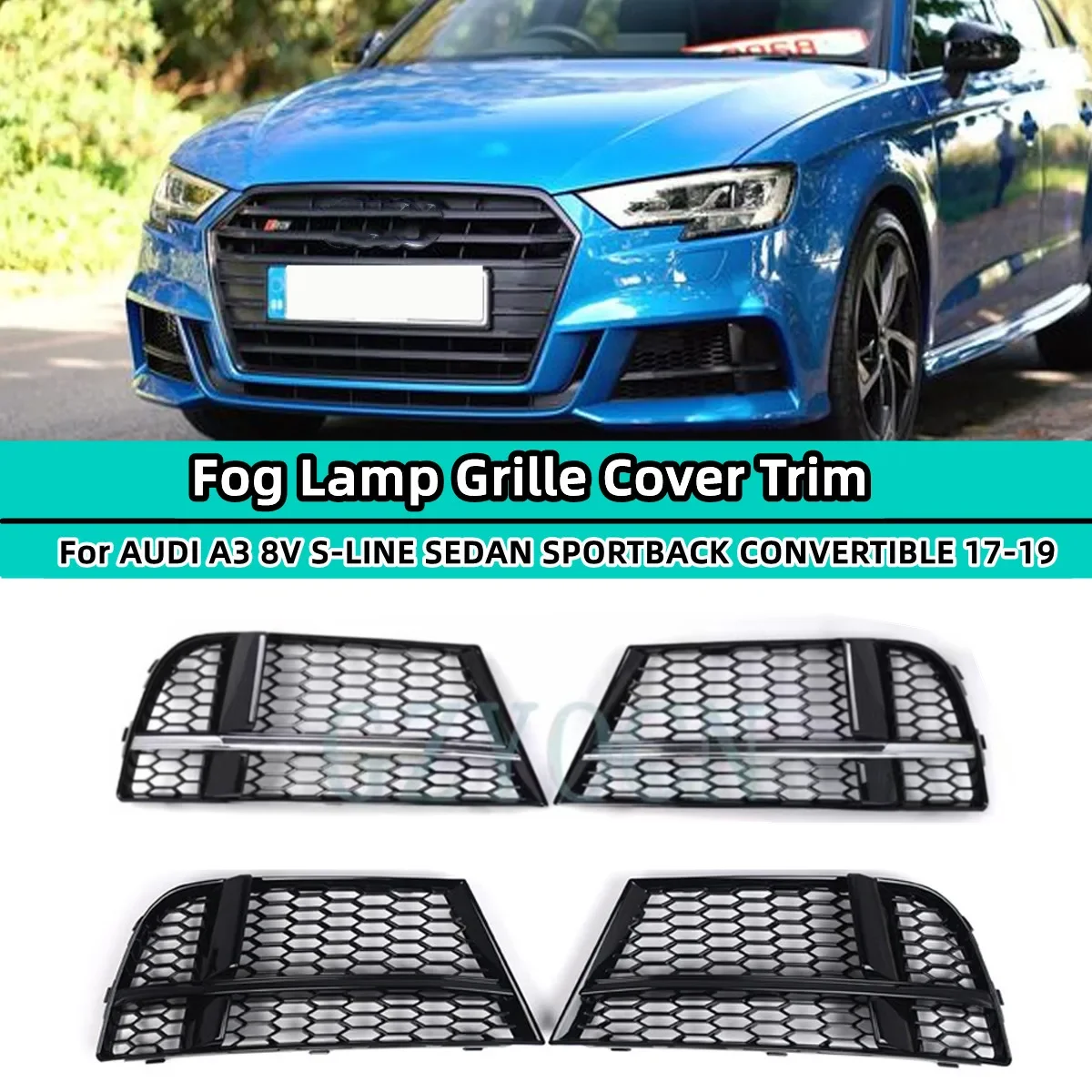 

2X Car Front Bumper Fog Light Grille Grill For AUDI A3 8V S-LINE SEDAN SPORTBACK CONVERTIBLE 17-19 Honeycomb Mesh Fog Lamp Cover