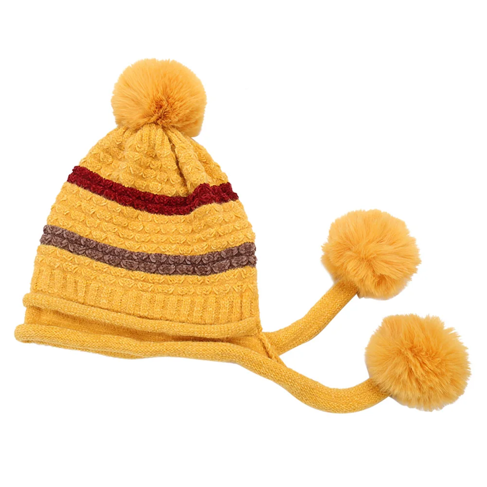 

Warm Fleece Lined Knitted Hat For Women Three Hair Balls Winter Headgear Lightweight Soft Beanie For Skiing Snowboarding