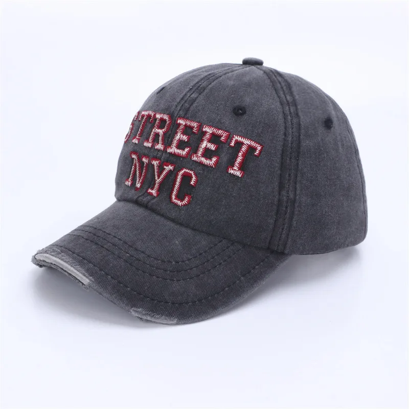 Retro street style embroidered STRNYC lettered distressed washed baseball cap for shopping, outings, dates, and dressing up.