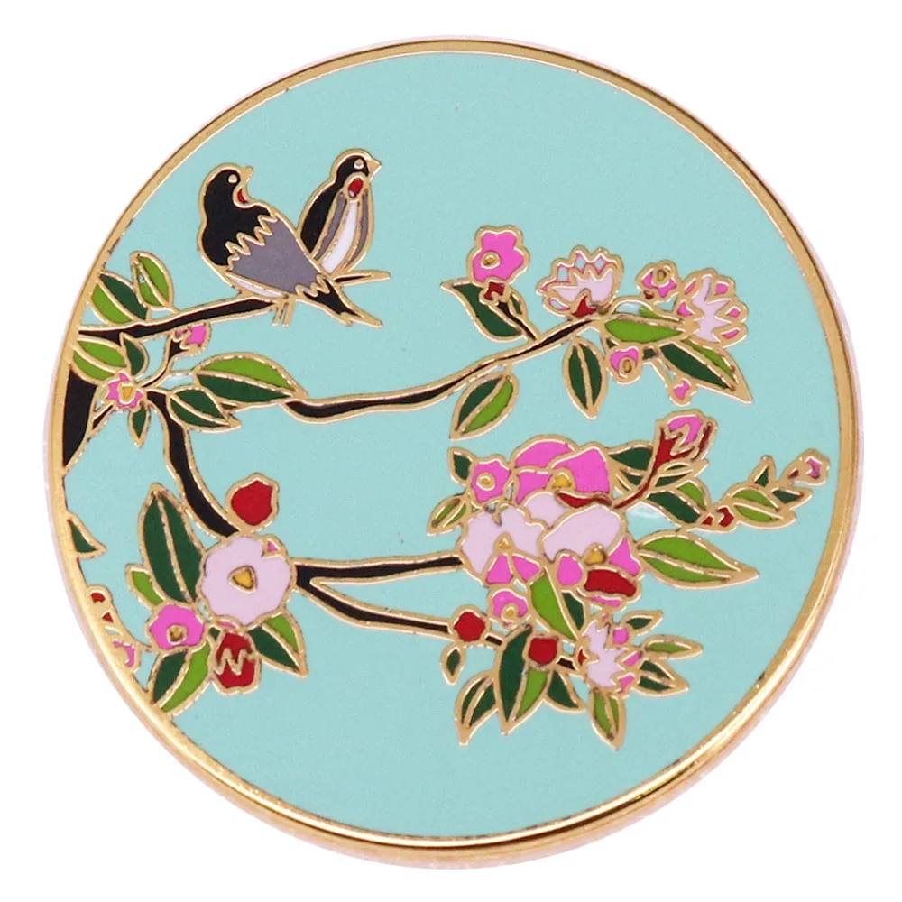 Chinese ancient style landscape flowers Blossom birds magpies in pairs graffiti good wishes happiness metal enamel brooch badge