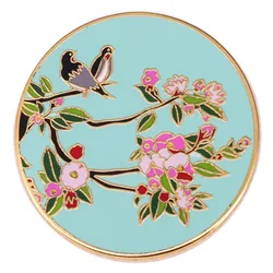 Chinese ancient style landscape flowers Blossom birds magpies in pairs graffiti good wishes happiness metal enamel brooch badge