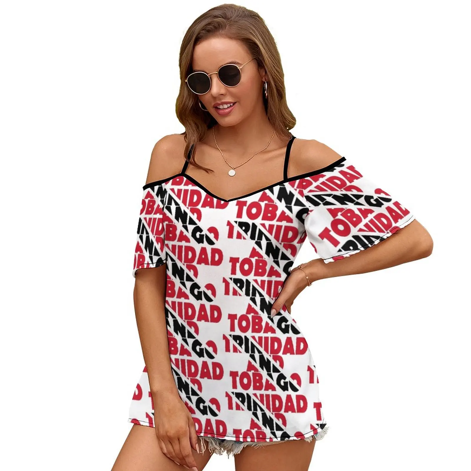 Trinidad And Tobago Print O-Neck Off-The-Shoulder Top Short-Sleeved T-Shirt Ladies Streetwear Trinidad And Tobago Trinidad And