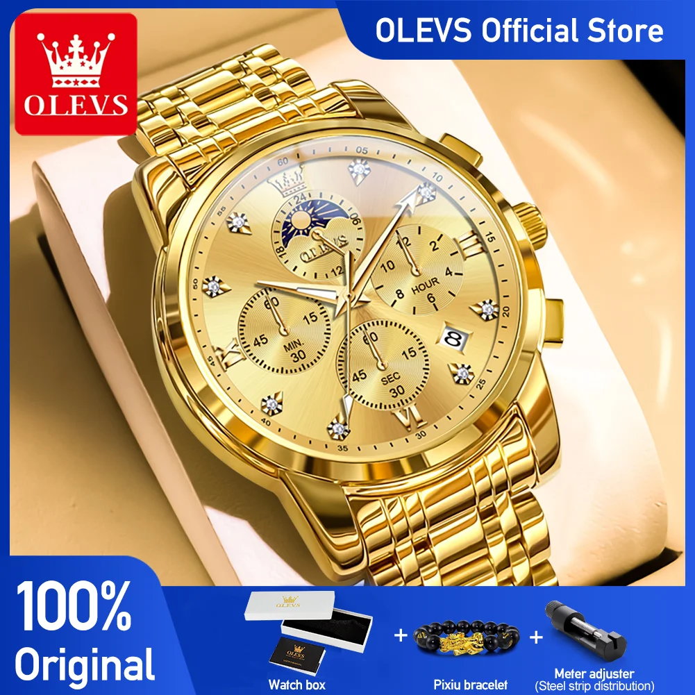 

OLEVS 3655, лучший бренд, роскошные оригинальные кварцевые часы, деловые модные многофункциональные водонепроницаемые мужские часы с хронографом и фазой Луны