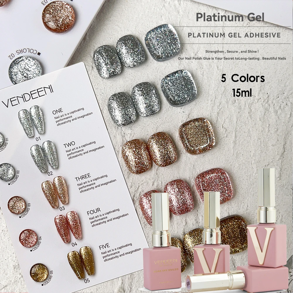 

Vendeeni 5 цветов/набор цвета: золотистый, серебристый металлический платиновый гель-лак для ногтей, УФ-светодиодный блестящий маникюрный лак для ногтей с цветной картой