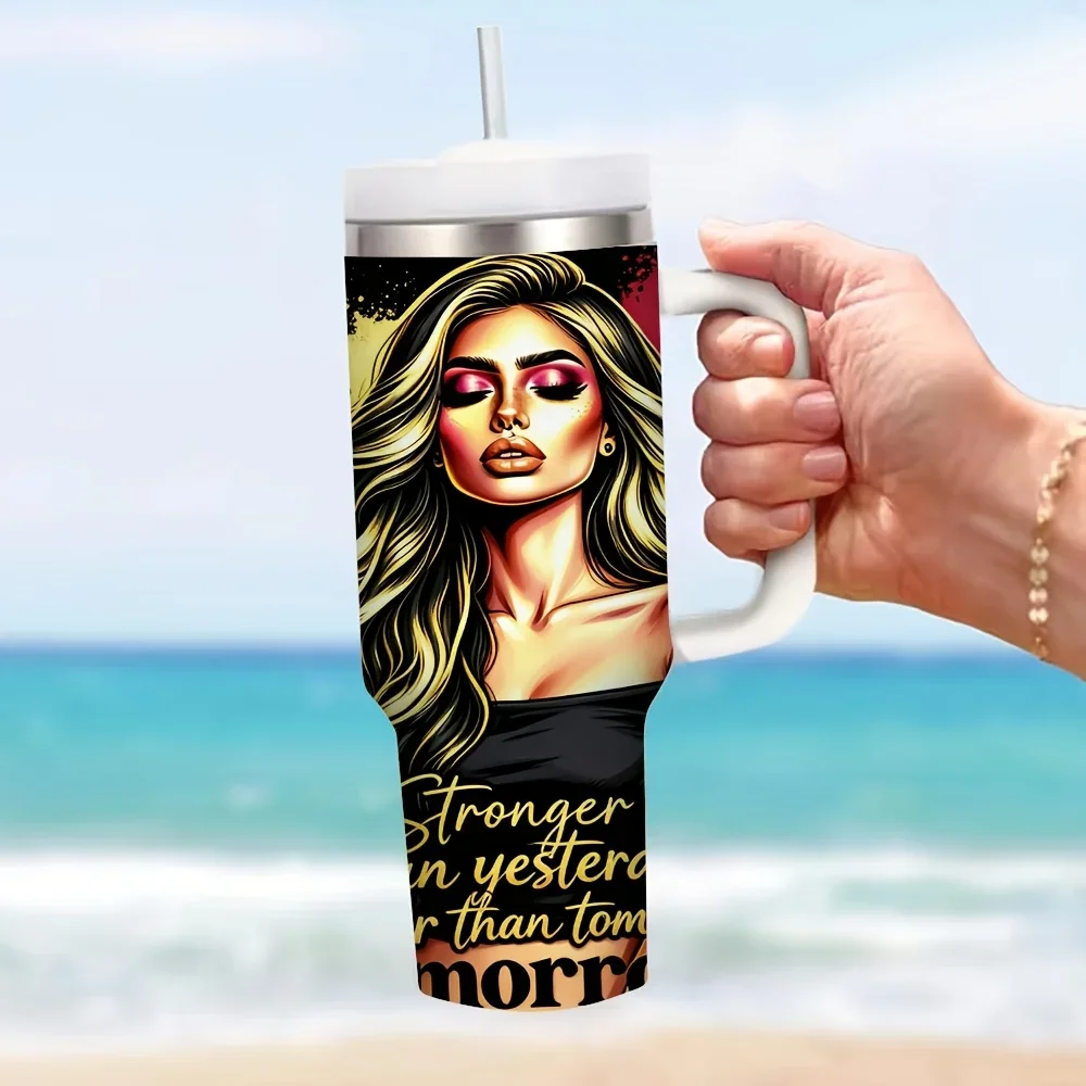 40Oz Tumbler with Handle And Straw, Printed with Floral And Inspirational Woman Pattern, Suitable for Women, for Summer And Winter, Fits Hot And Cold Drinks, Ideal for Daily Life And Outdoor Travel