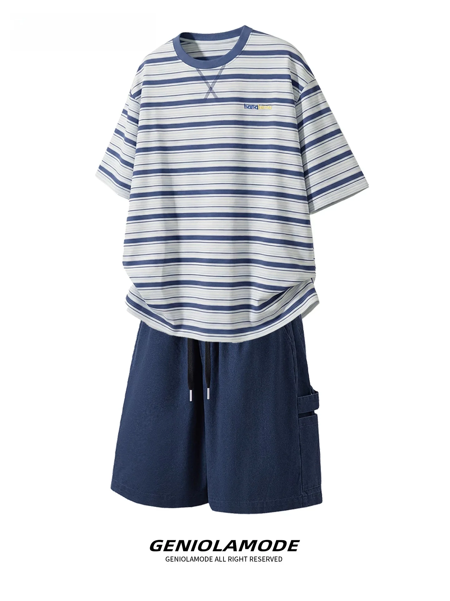 genio-lamode-american-style-pure-cotton-striped-short-sleeve-set-men's-summer-new-casual-fitness-sports-wear-teenage-shorts
