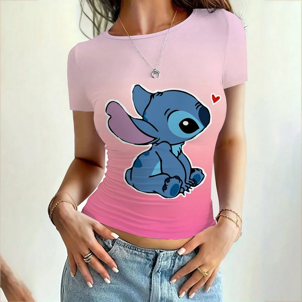 

Women's Tight Short T-shirt Disney Lilo & Stitch Printed Tight Top Fashionable Sexy T-shirt Soft Breathable Stretch Women's T-sh