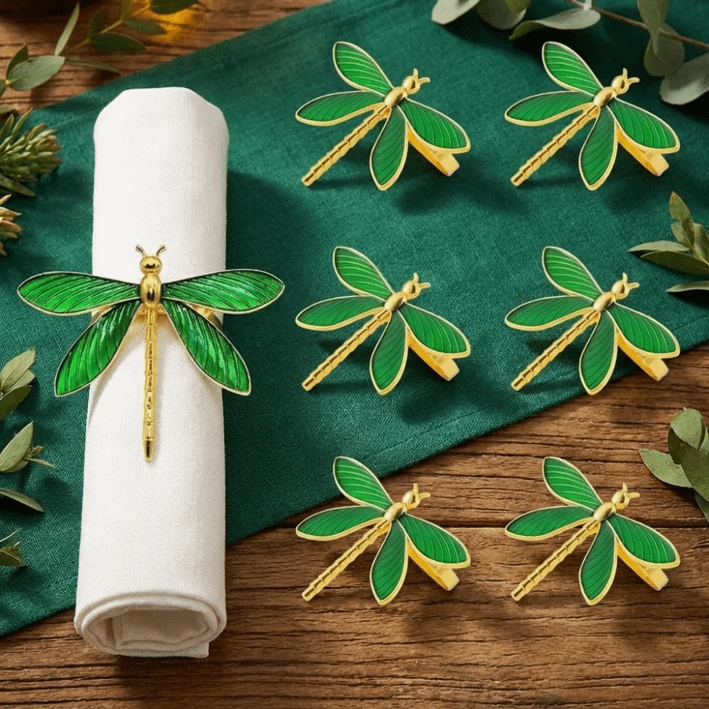 6PCS Handcrafted Minimalist Dragonfly Napkin Ring Metal Decorative Napkin Buckle Modern Insect Napkin Holder Restaurant