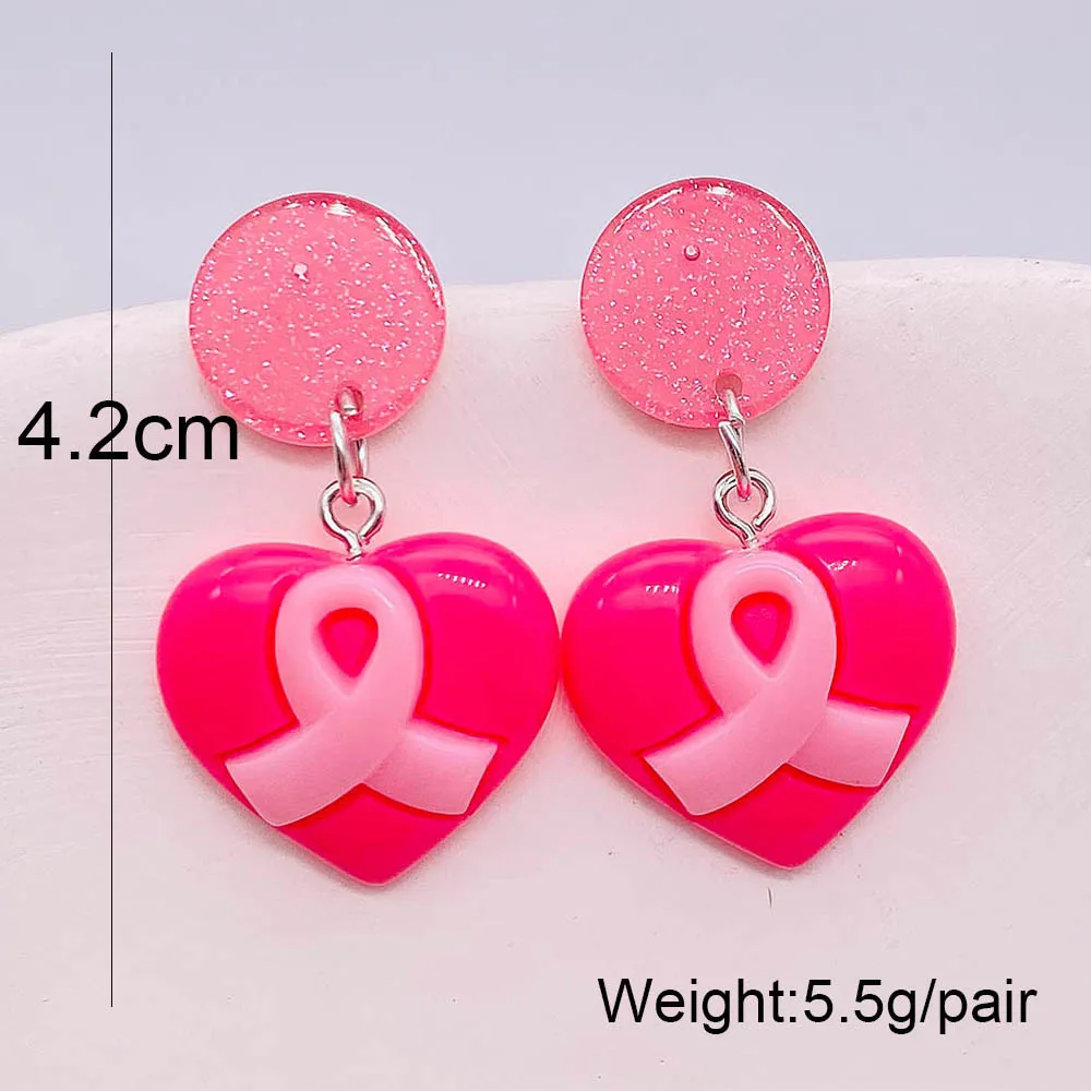 Pink Heart Ribbon Treadrop Dangling Earrings Themed Breast Cancer Awareness Survivor Ear Jewelry Gifts for Women