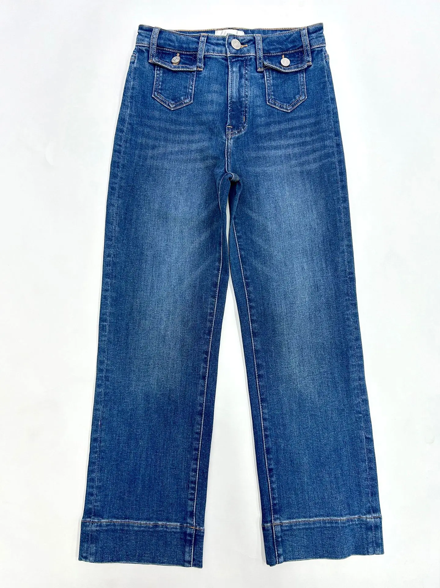 Women fashion front pocket jeans High waisted straight ankle length denim pants