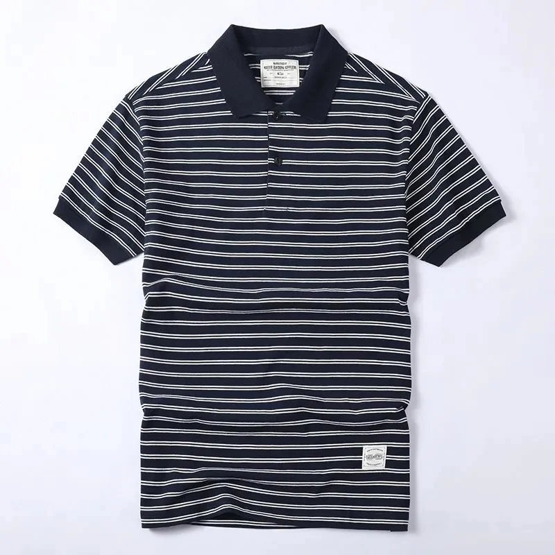 Summer Cotton Polo Shirt Mens Stripe Short Sleeve T High Quality Retro Lapel Tee Tops Male