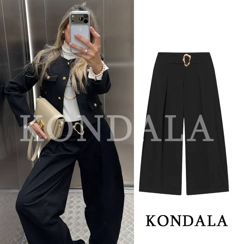 KONDALA Lady Simple Black Wide Leg Pants 2026 Trends Buckle Decoration Trousers Women Spring Summer Commute Casual Cropped Pants