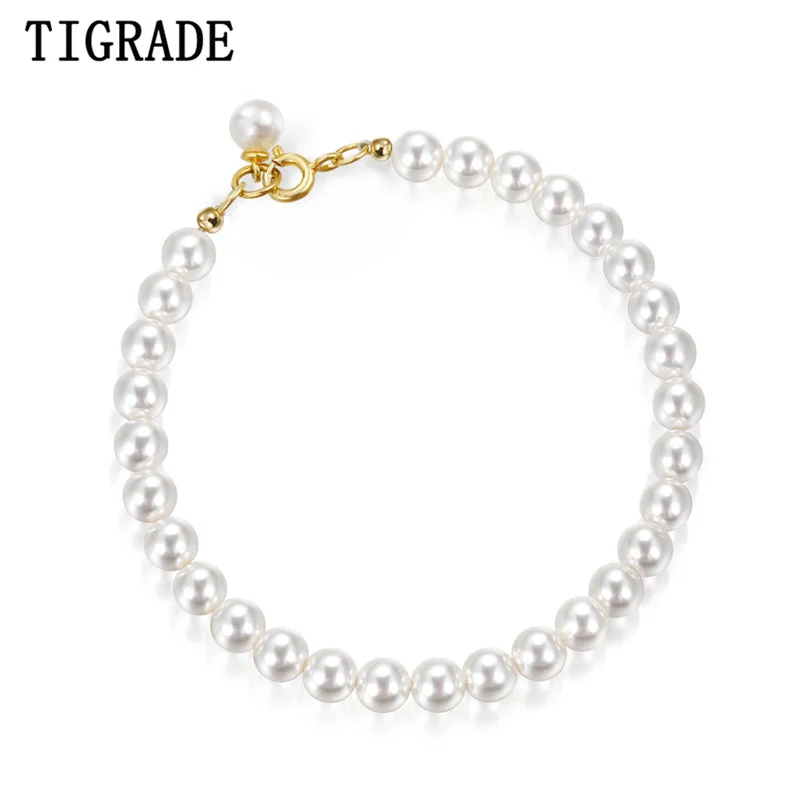 Tigrade New White Pearl Bracelet 4mm6mm8mm Beads Bracelets 925 Sterling Silver Buckle For Women Girl Wedding Party Daily Jewelry