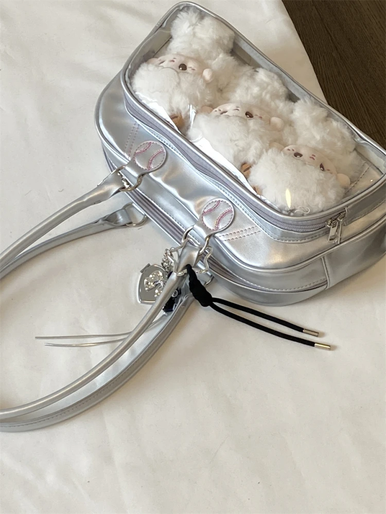 

Серебряная бейсбольная сумка Qian bo Pain Bag Large Capaci Single oulder Bag Retro Hot Girl Sle Daily Leisure Youth Zipper Clo...