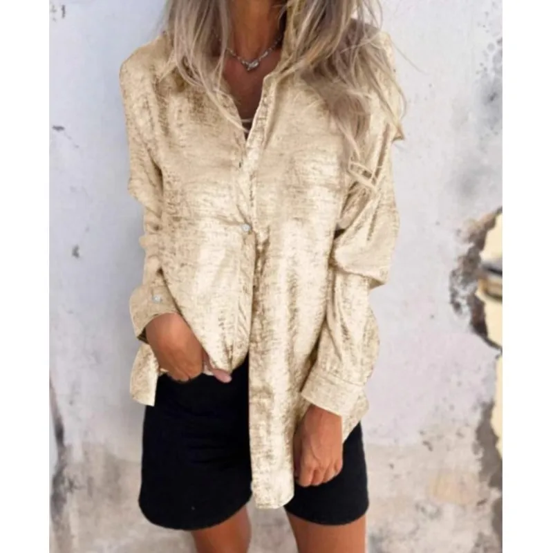 Women 2025 Spring Summer Casual Shirts Top Shinny Golden Long Sleeved Fashion Blouse Vintage Solid Loose Shirt Streetwear Cloth