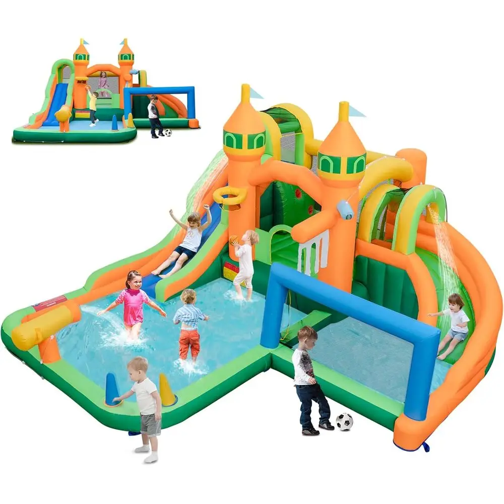 Dmuchana zjeżdżalnia wodna, 9 w 1: zjeżdżalnia wodna, dmuchany park wodny z podwójnymi zjeżdżalniami, basenem do zabawy, ścianą do wspinaczki, bramką do piłki nożnej, Wa