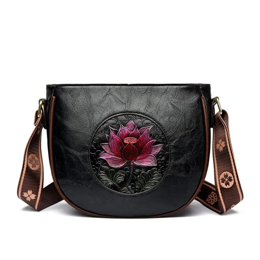 

Elegant Middle Aged Mom Bag Soft Leather Printed Wide Strap Lotus Embossed Shoulder Bag Casual Solid Color